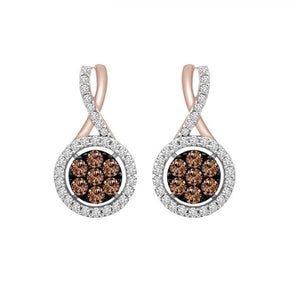 LADIES EARRINGS 3/4 CT CHOCOLATE/WHITE ROUND DIAMOND 10K ROSE GOLD