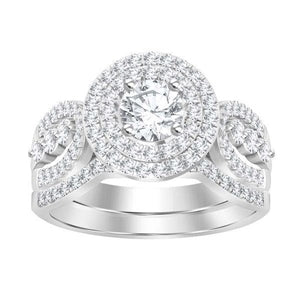 LADIES BRIDAL RING SET 1 CT ROUND DIAMOND 14K WHITE GOLD
