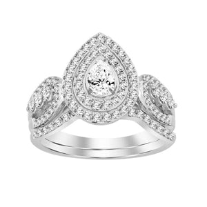 LADIES BRIDAL RING SET 1 CT ROUND/PEAR DIAMOND 14K WHITE GOLD