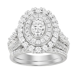 LADIES BRIDAL RING SET 2 CT ROUND/OVAL DIAMOND 14KT WHITE GOLD