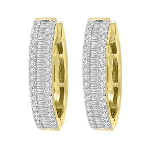 LADIES HOOPS EARRING 1/2 CT ROUND/BAGUETTE DIAMOND 10K YELLOW GOLD