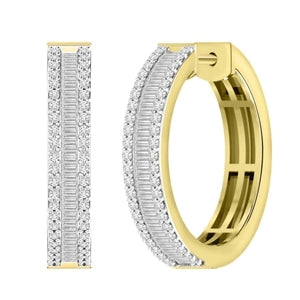 LADIES HOOPS EARRING 1 CT ROUND/BAGUETTE DIAMOND 10K YELLOW GOLD