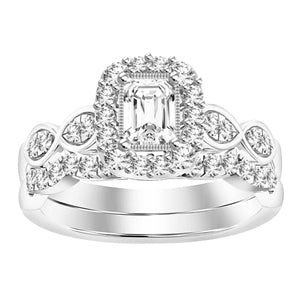 LADIES BRIDAL RING SET 1 CT ROUND/EMERALD DIAMOND 14K WHITE GOLD