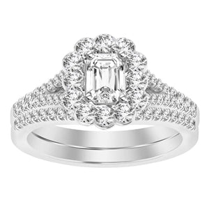 LADIES BRIDAL RING SET 1 CT ROUND/EMERALD DIAMOND 14K WHITE GOLD