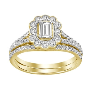 LADIES BRIDAL RING SET 1 CT ROUND/EMERALD DIAMOND 14K YELLOW GOLD