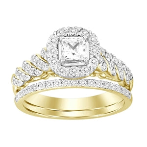 LADIES BRIDAL RING SET 1 CT ROUND/PRINCESS DIAMOND 14K YELLOW GOLD
