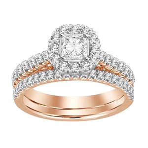 LADIES BRIDAL RING SET 1 CT ROUND/PRINCESS DIAMOND 14K ROSE GOLD