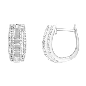 LADIES HOOP  EARRING 1/2 CT ROUND/BAGUETTE DIAMOND 10K WHITE GOLD