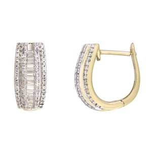 LADIES HOOP EARRING 1/2 CT ROUND/BAGUETTE DIAMOND YELLOW GOLD