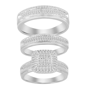 LADIES TRIO SET 1 CT ROUND/BAGUETTE DIAMOND 10K WHITE GOLD