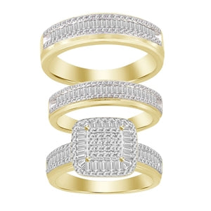 LADIES TRIO SET 1 CT ROUND/BAGUETTE DIAMOND 10K YELLOW GOLD