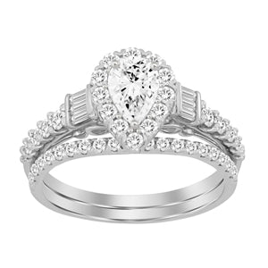 LADIES BRIDAL RING SET 1 CT ROUND/PEAR/BAGUETTE DIAMOND 14K WHITE GOLD
