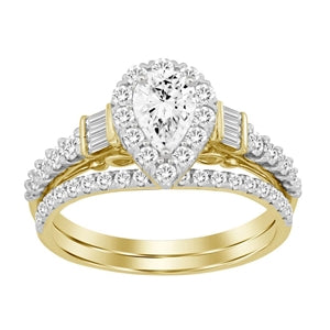 LADIES BRIDAL RING SET 1 CT ROUND/PEAR/BAGUETTE DIAMOND 14K YELLOW GOLD