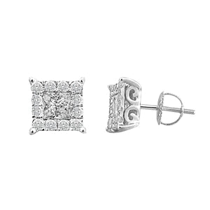 LADIES EARRINGS 1 CT ROUND/PRINCESS DIAMOND 14K WHITE GOLD