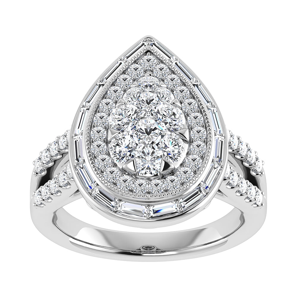 14K White Gold 1 1/2.Tw. Round and Straight Baguette Diamond Pear Shape Ring