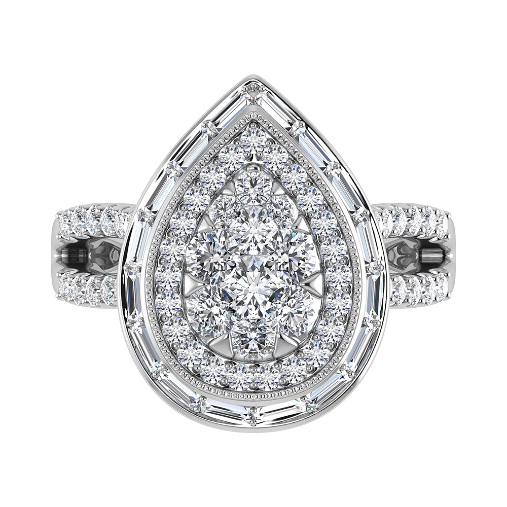 14K White Gold 1 1/2.Tw. Round and Straight Baguette Diamond Pear Shape Ring
