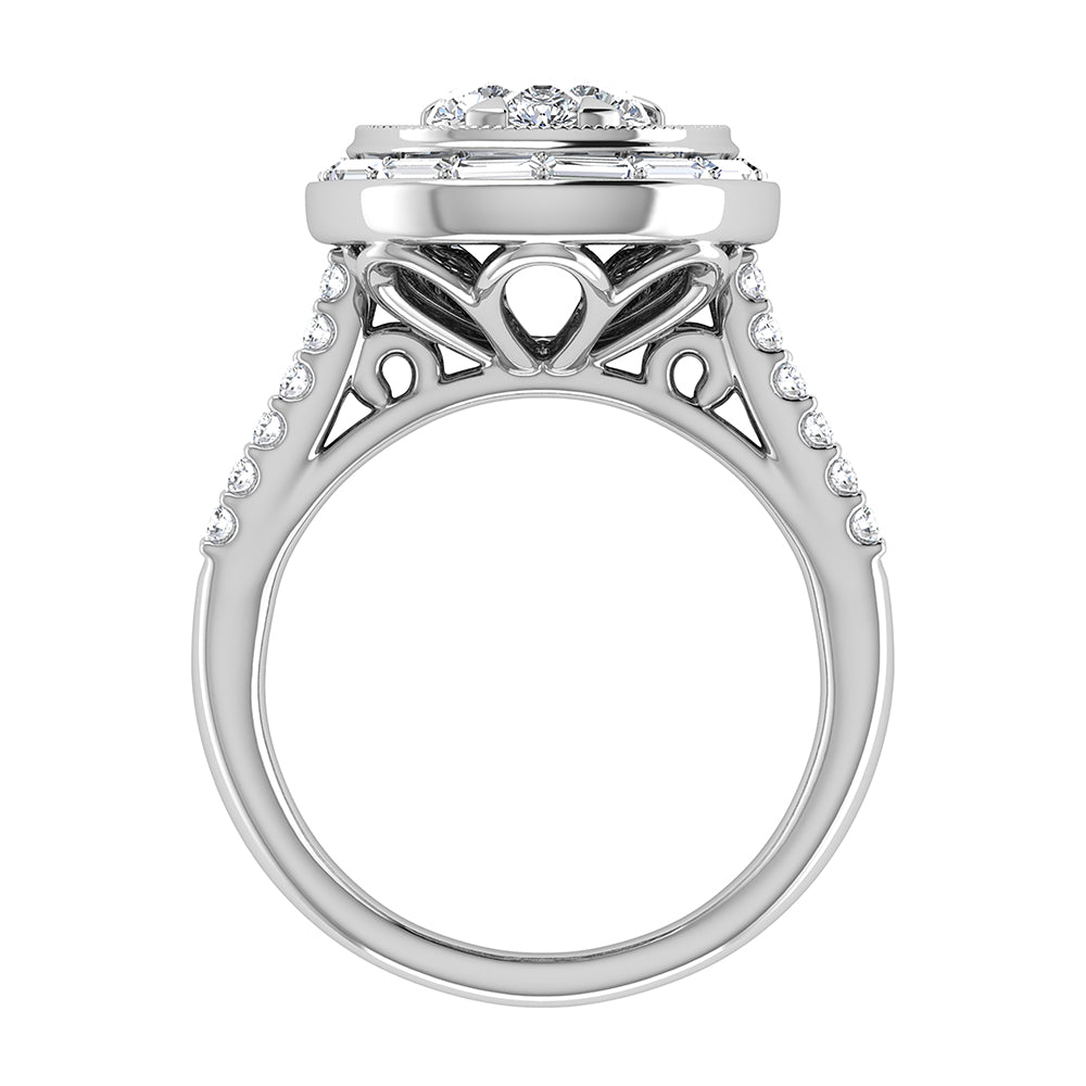 14K White Gold 1 1/2.Tw. Round and Straight Baguette Diamond Pear Shape Ring