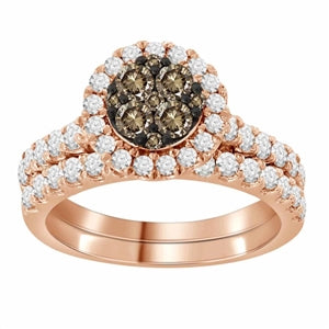LADIES BRIDAL RING SET 1 1/2 CT WHITE/CHOCOLATE ROUND DIAMOND 14K ROSE GOLD