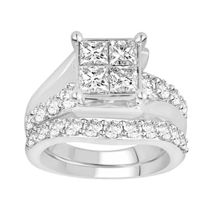 LADIES BRIDAL RING SET 3 CT ROUND/PRINCESS DIAMOND 14K WHITE GOLD
