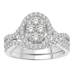 LADIES BRIDAL RING SET 1 CT ROUND DIAMOND 14K WHITE GOLD