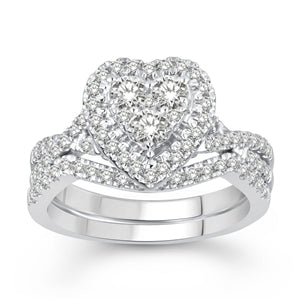 LADIES BRIDAL RING SET 1 CT ROUND DIAMOND 14K WHITE GOLD