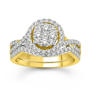 LADIES BRIDAL RING SET 1 CT ROUND DIAMOND 14K YELLOW GOLD