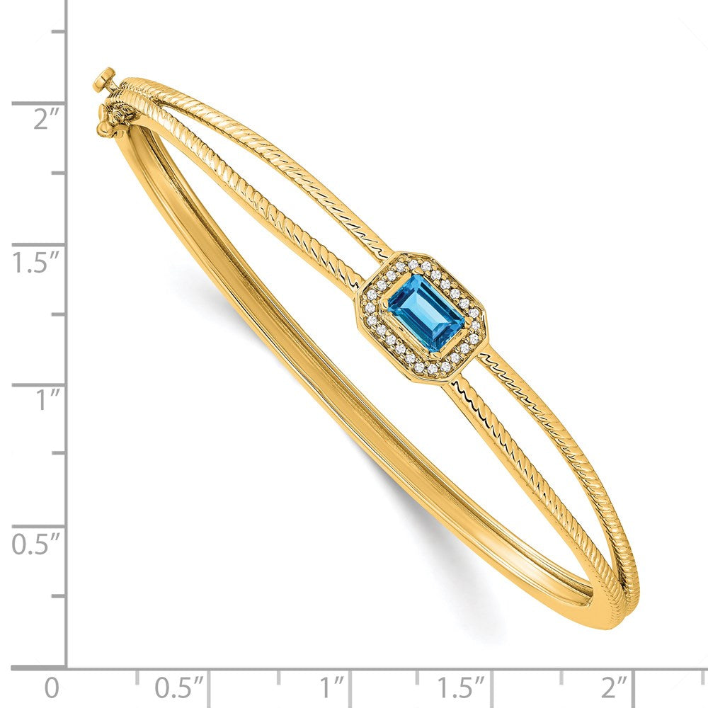 14k Emerald-shape Blue Topaz and Diamond Halo Bangle