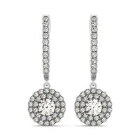 Thumbnail for 14k White Gold Double Halo Round Diamond Drop Earrings (1 cttw)