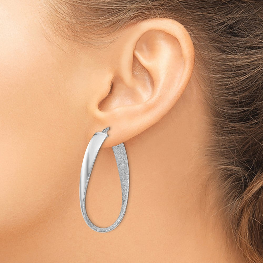 14K White Rhodium Satin and Polished Twisted Hoop Earrings