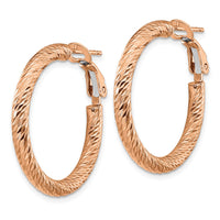 Thumbnail for 14k 3x20mm Rose Gold Diamond-cut Round Omega Back Hoop Earrings