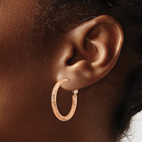 Thumbnail for 14k 3x20mm Rose Gold Diamond-cut Round Omega Back Hoop Earrings