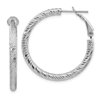 Thumbnail for 14k 3x25mm White Gold Diamond-cut Round Omega Back Hoop Earrings