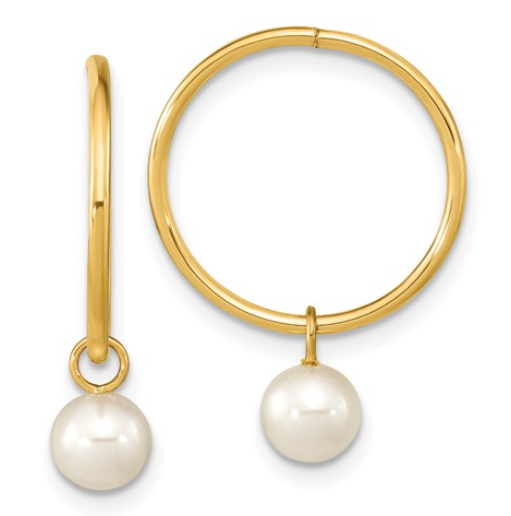 14 Karat Yellow Gold Petite Pearl Hoop Earrings