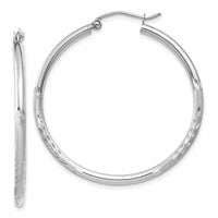 Thumbnail for 14k White Gold Satin and Diamond-cut 2mm Round Hoop Earrings