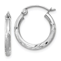 Thumbnail for 14k White Gold Satin and Diamond-cut 2mm Round Hoop Earrings