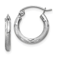 Thumbnail for 14k White Gold Satin and Diamond-cut 2mm Round Hoop Earrings