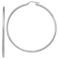 Thumbnail for 14k White Gold Satin and Diamond-cut 2mm Round Hoop Earrings
