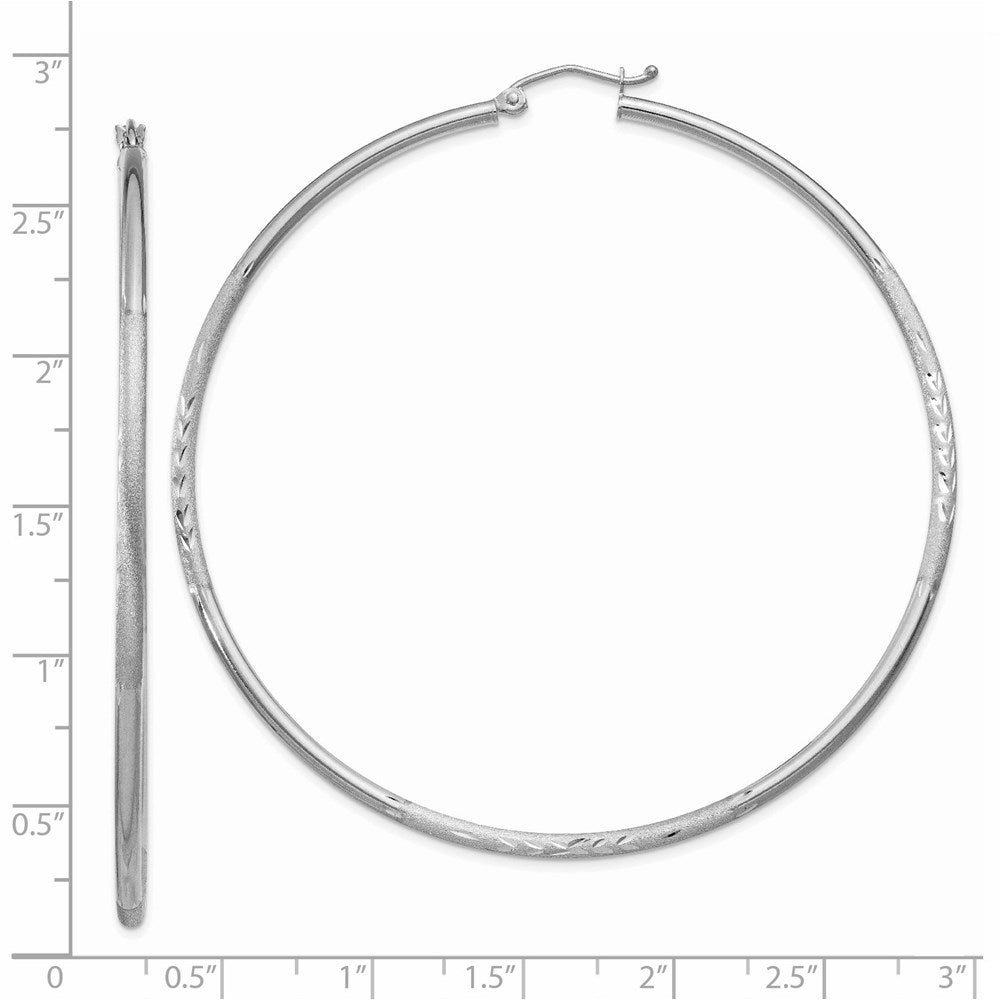 14k White Gold Satin and Diamond-cut 2mm Round Hoop Earrings
