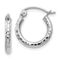 Thumbnail for 14k White Gold Diamond-cut 2mm Round Tube Hoop Earrings