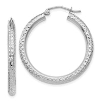 Thumbnail for 14k White Gold Diamond-cut 3mm Round Hoop Earrings