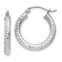 Thumbnail for 14k White Gold Diamond-cut 3mm Round Hoop Earrings