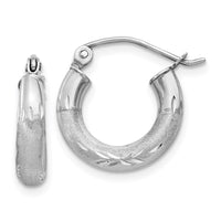 Thumbnail for 14k White Gold Satin and Diamond-cut 3mm Round Hoop Earrings