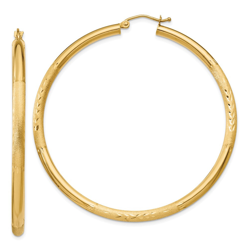 14k Satin and Diamond-cut 3mm Round Hoop Earrings