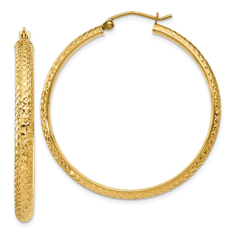14K Diamond-cut 3.5x38mm Hollow Hoop Earrings