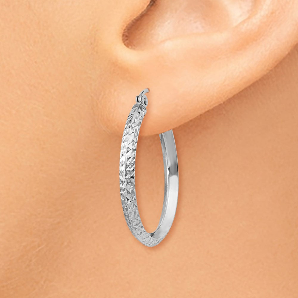 14K White Gold Knife Edge Diamond-cut 2.5x25mm Hoop Earrings