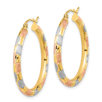Thumbnail for 14k w/ White and Rose Rhodium Polished Satin Diamond-cut Hoop Earrings
