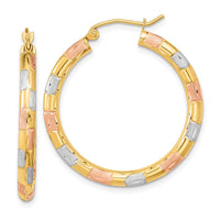 Thumbnail for 14k w/ White and Rose Rhodium Polished Satin Diamond-cut Hoop Earrings