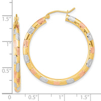 Thumbnail for 14k w/ White and Rose Rhodium Polished Satin Diamond-cut Hoop Earrings