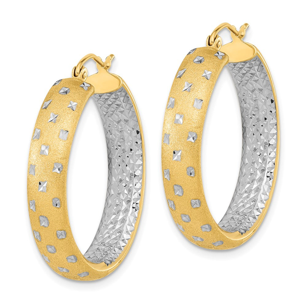 14k Polished Satin and Diamond-cut Hoop Earrings