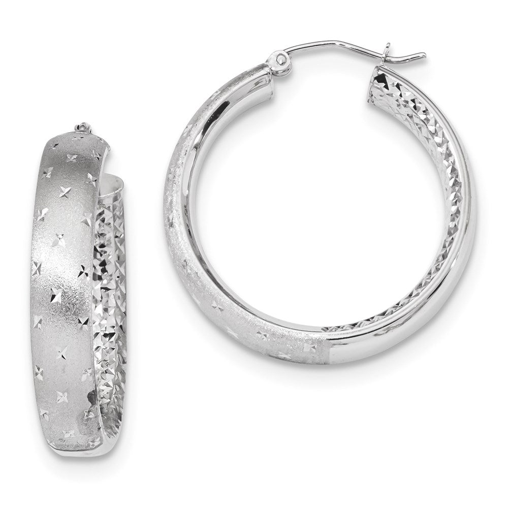 14k Polished Satin and Diamond-cut Hoop Earrings
